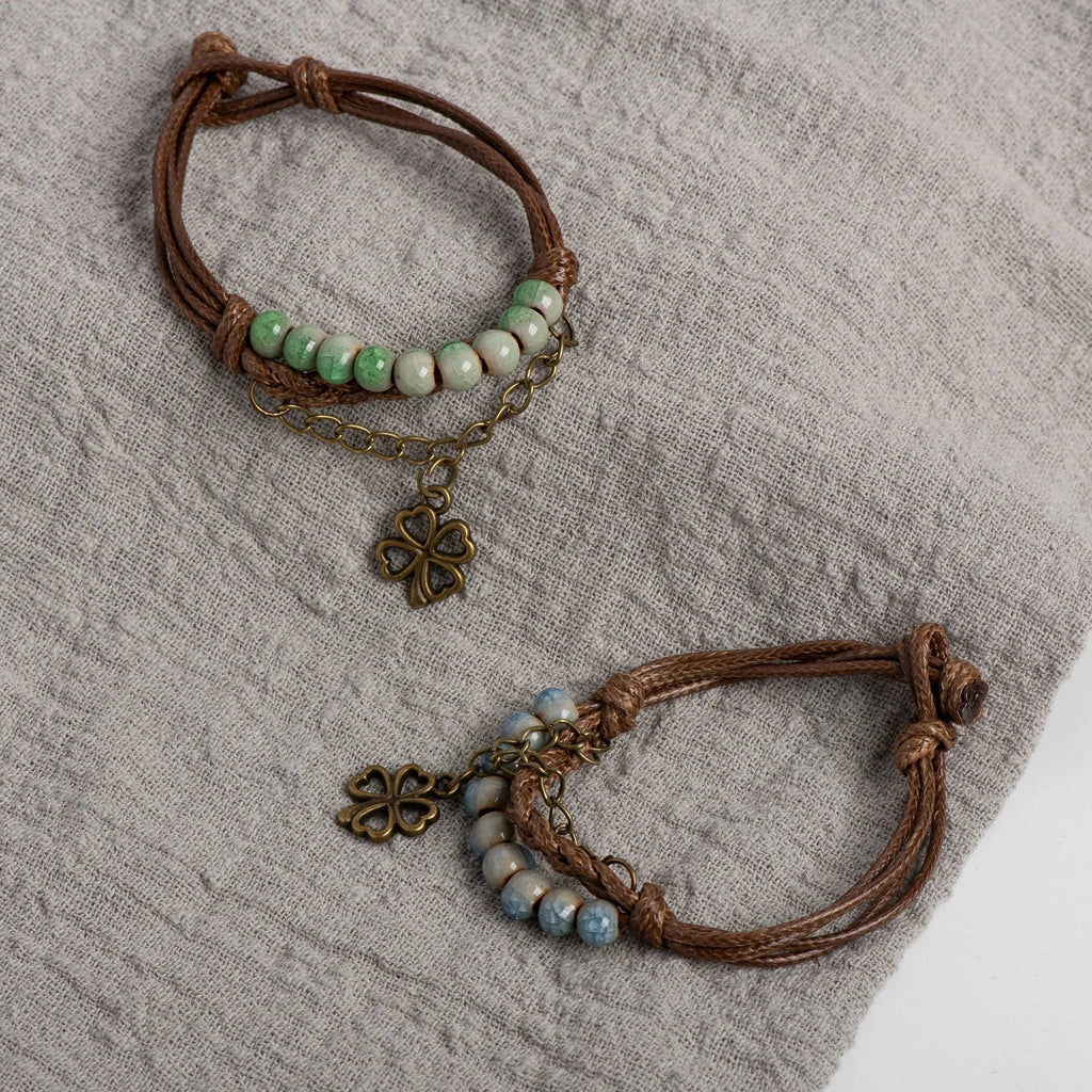 Pulsera de Cuerda con Trébol de 4 Hojas y Perlas verdes