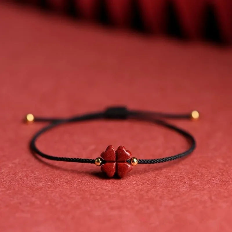 Pulsera de Cuerda con Trébol de 4 Hojas en Piedra de Cinabrio negro
