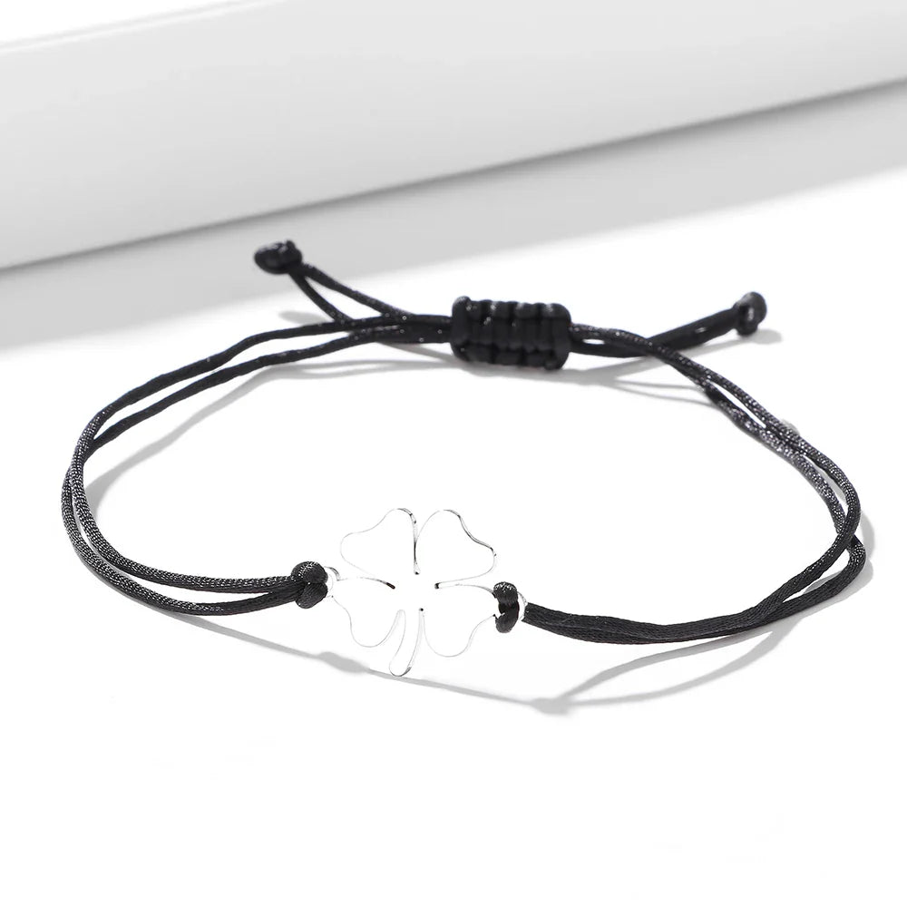 Pulsera de Cuerda con Trébol de 4 Hojas Amuleto de la Suerte negro y plata