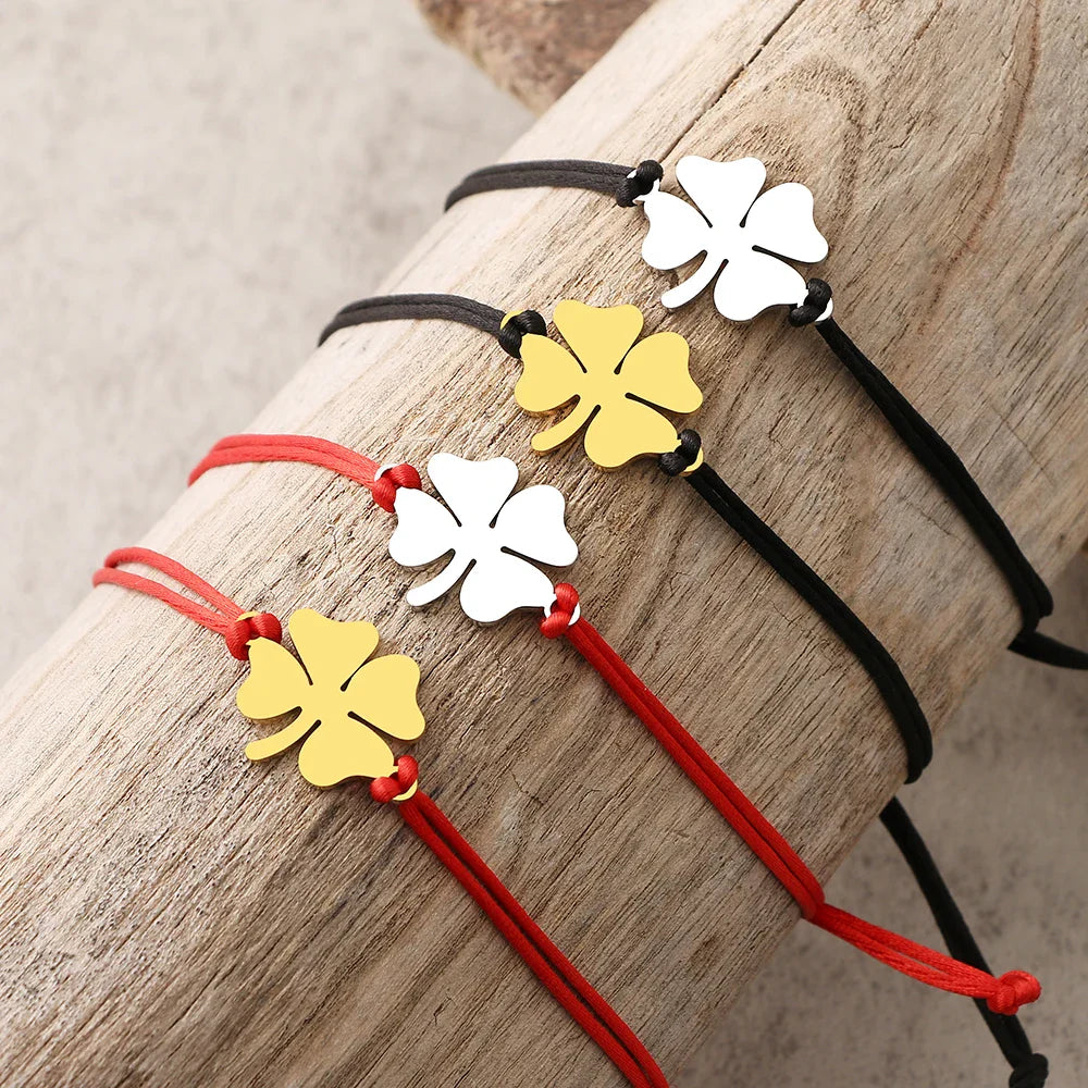 Pulsera de Cuerda con Trébol de 4 Hojas Amuleto de la Suerte rojo y oro