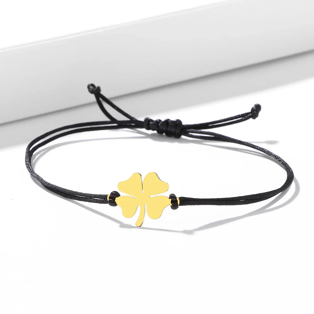 Pulsera de Cuerda con Trébol de 4 Hojas Amuleto de la Suerte negro y oro