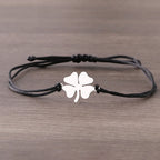Pulsera de Cuerda con Trébol de 4 Hojas Amuleto de la Suerte negro y plata