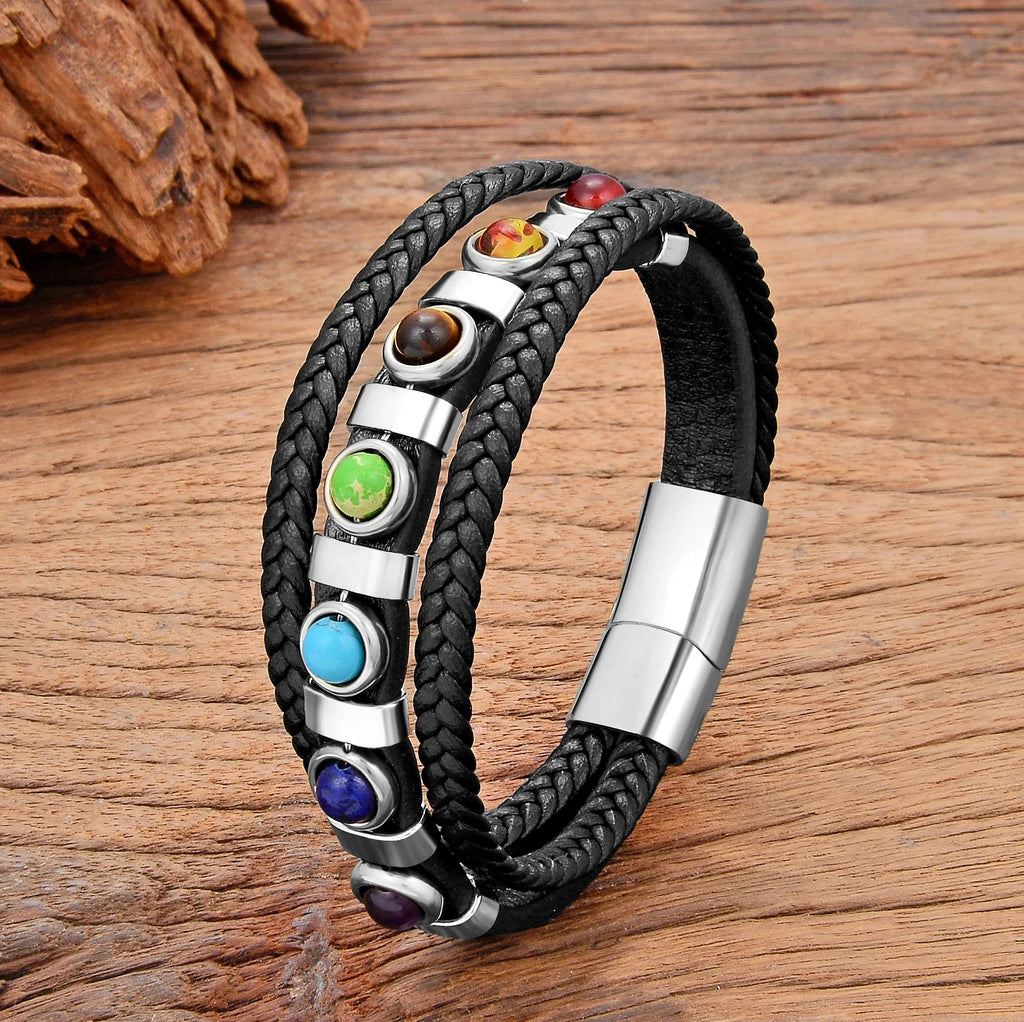 Pulsera de Cuero 7 Chakras para Hombre plateado