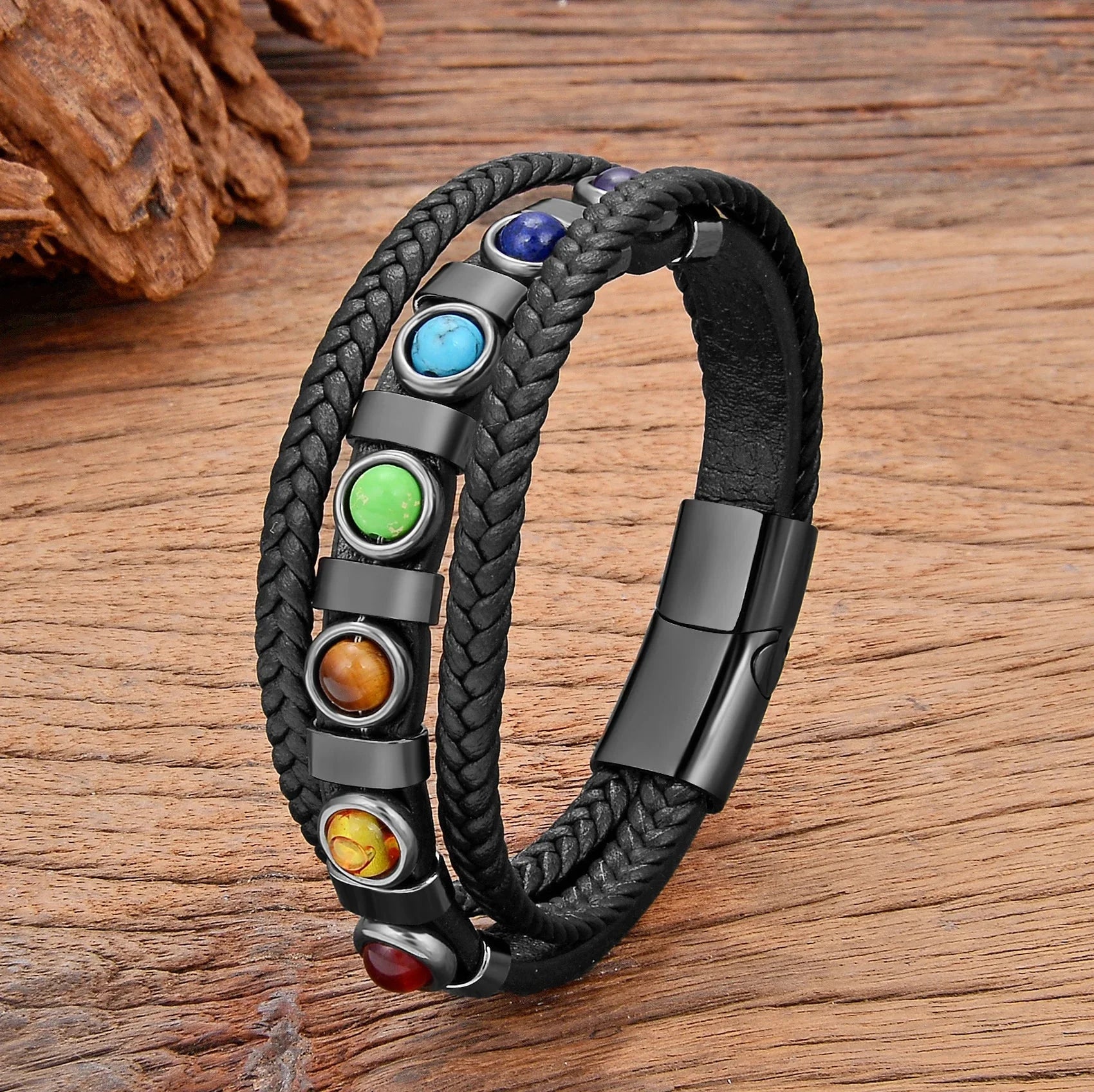 Pulsera de Cuero 7 Chakras para Hombre negro