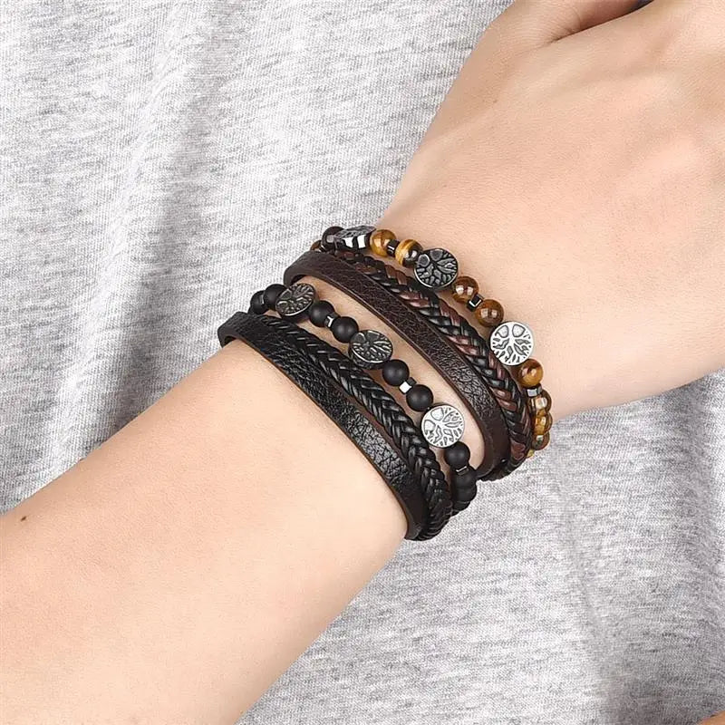 Pulsera de Cuero Árbol de la Vida con Perlas para Hombre 