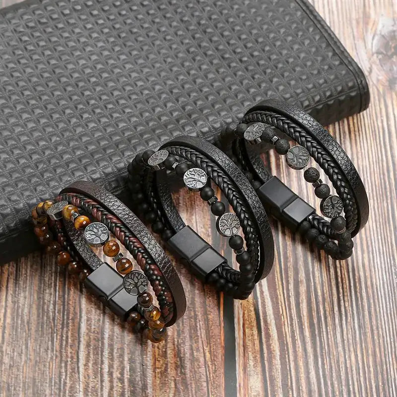 Pulsera de Cuero Árbol de la Vida con Perlas para Hombre