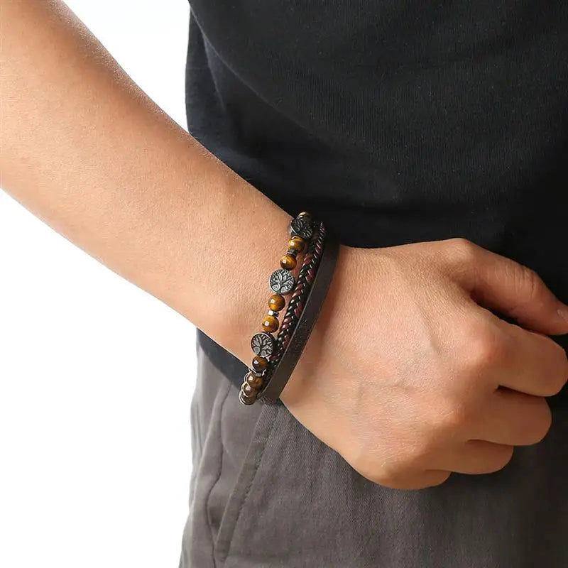 Pulsera de Cuero Árbol de la Vida con Perlas para Hombre