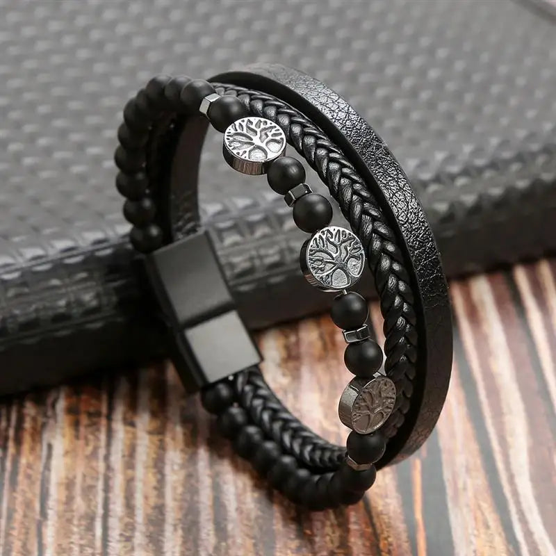 Pulsera de Cuero Árbol de la Vida con Perlas para Hombre estilo 2