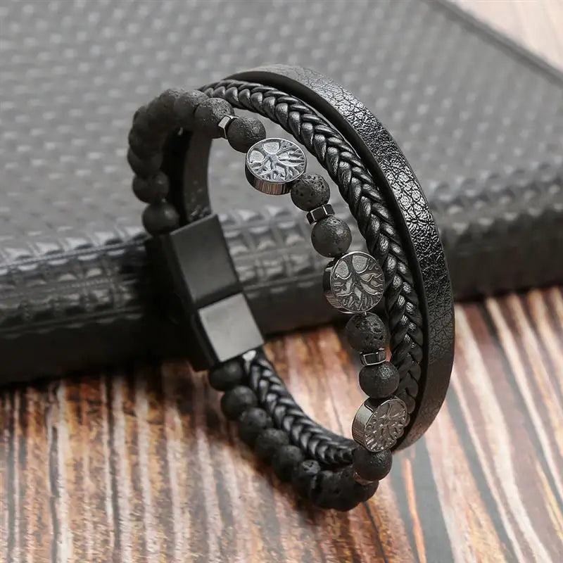 Pulsera de Cuero Árbol de la Vida con Perlas para Hombre