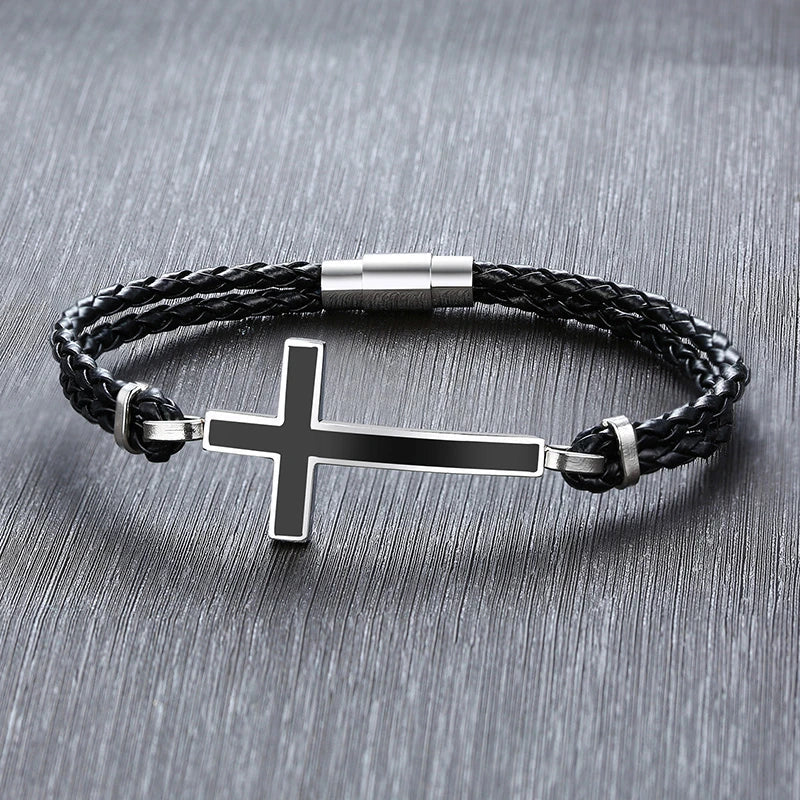 Pulsera de Cuero con Cruz Cristiana