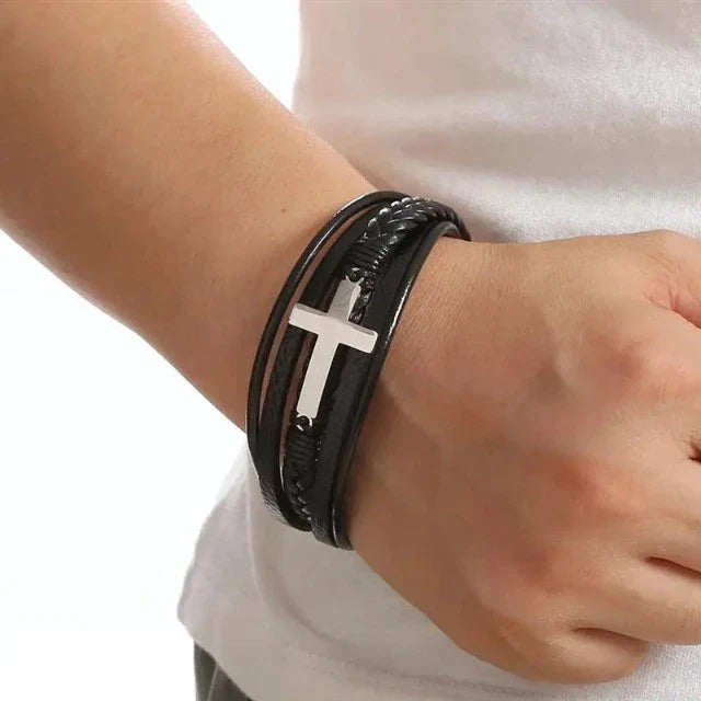 Pulsera de Cuero con Cruz para Hombre