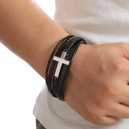 Pulsera de Cuero con Cruz para Hombre
