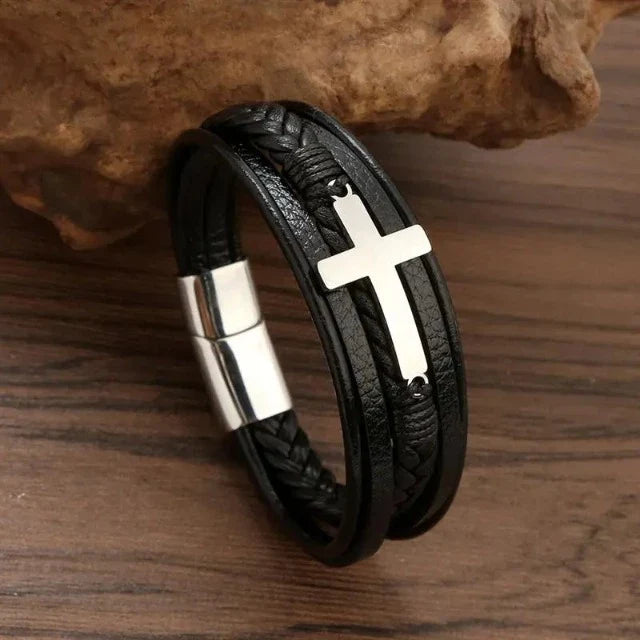 Pulsera de Cuero con Cruz para Hombre