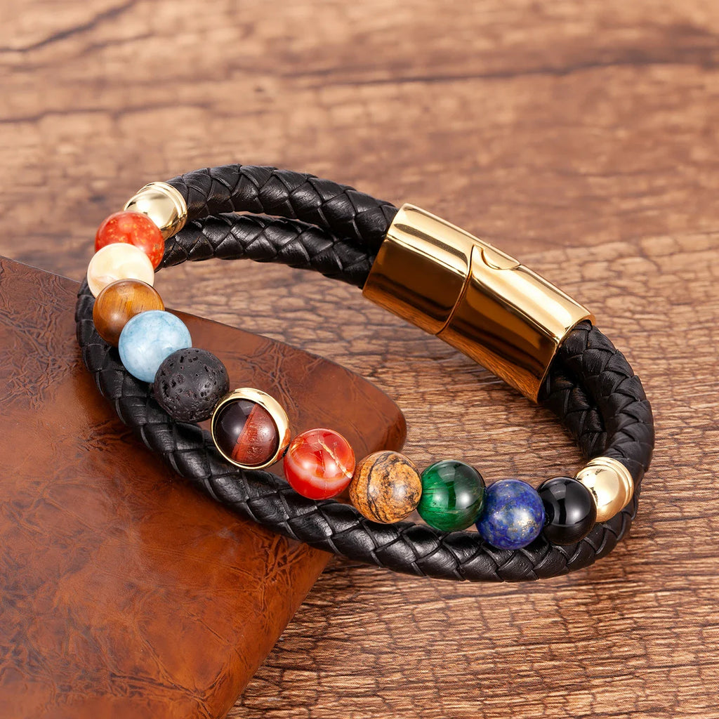 Pulsera de Cuero con Piedras 7 Chakras para Hombre y Mujer estilo oro a