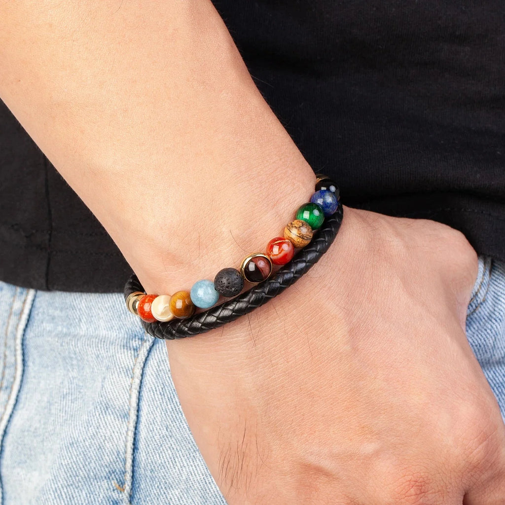 Pulsera de Cuero con Piedras 7 Chakras para Hombre y Mujer