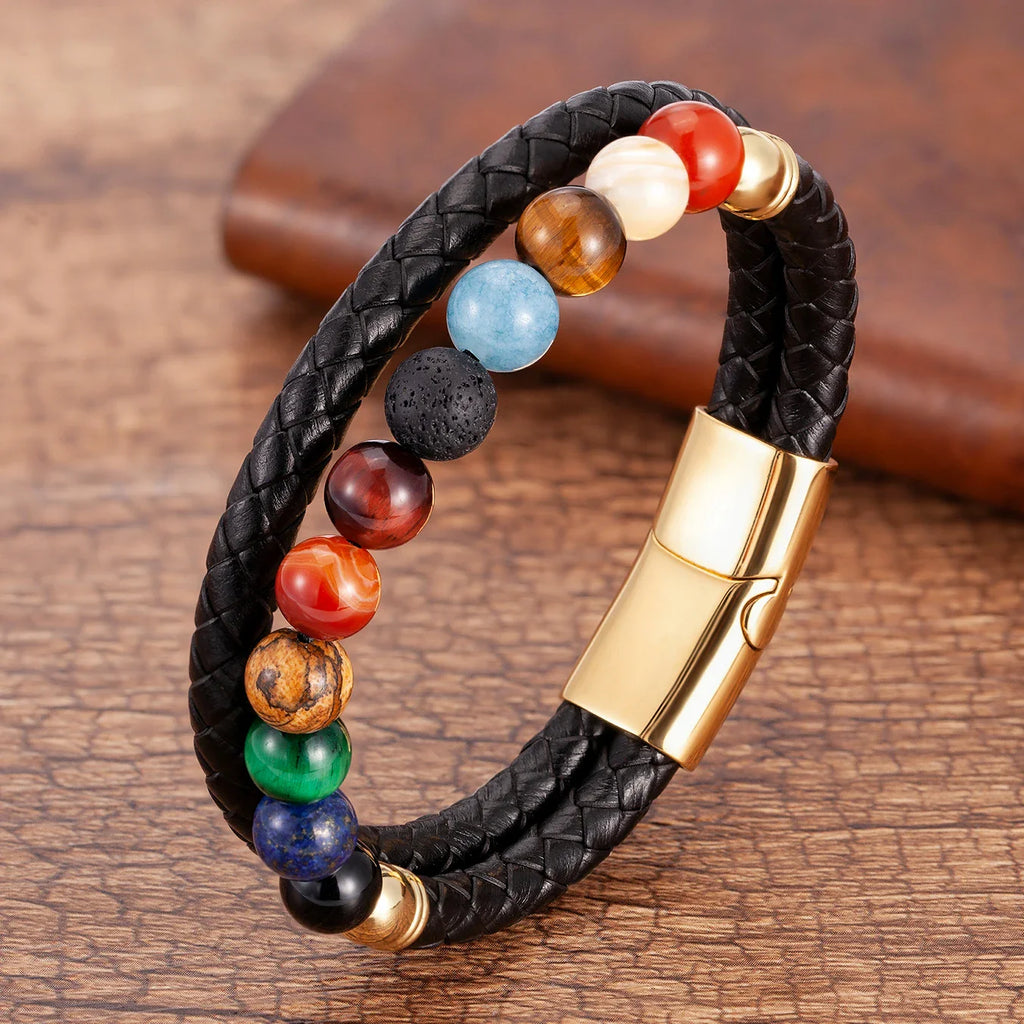 Pulsera de Cuero con Piedras 7 Chakras para Hombre y Mujer estilo oro b