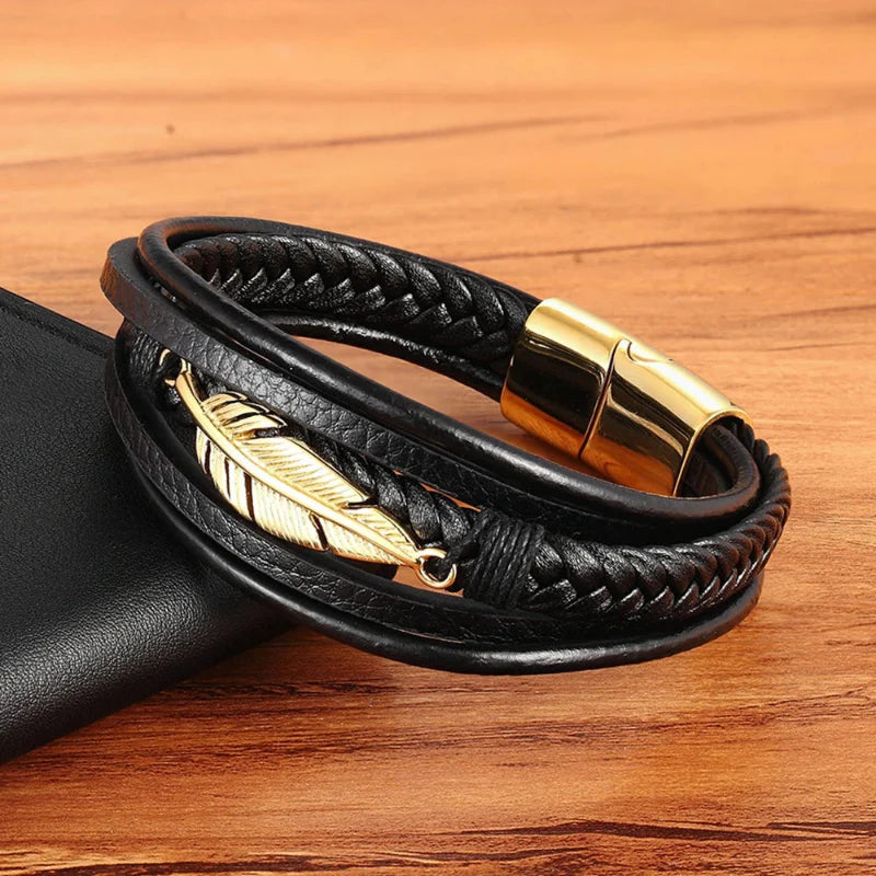 Pulsera de Cuero Pluma para Hombre oro