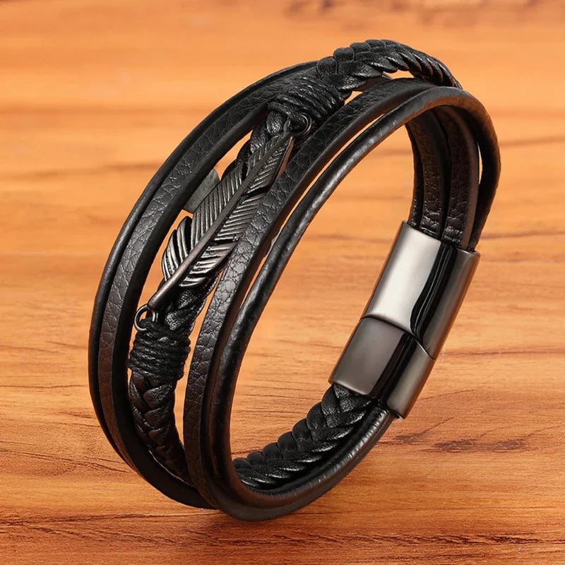 Pulsera de Cuero Pluma para Hombre negra