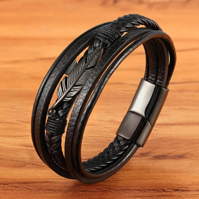 Pulsera de Cuero Pluma para Hombre negra