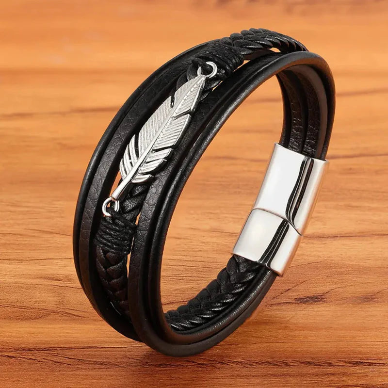Pulsera de Cuero Pluma para Hombre plata