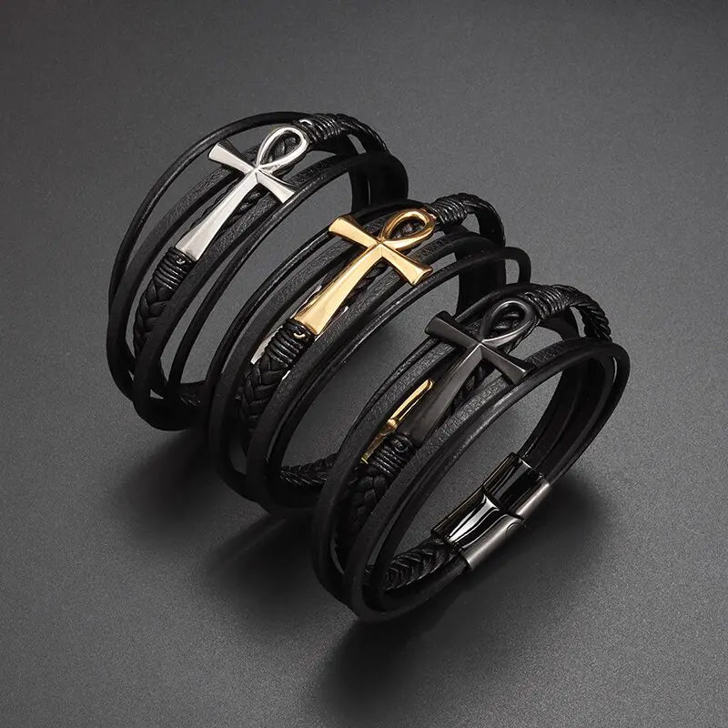 Pulsera de Cuero Trenzado Egipcio Cruz de Ankh