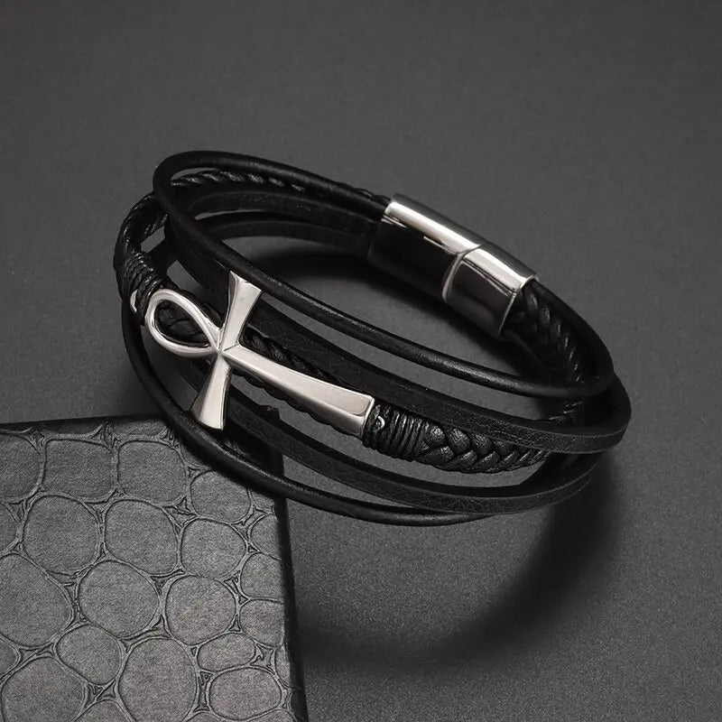 Pulsera de Cuero Trenzado Egipcio Cruz de Ankh plata