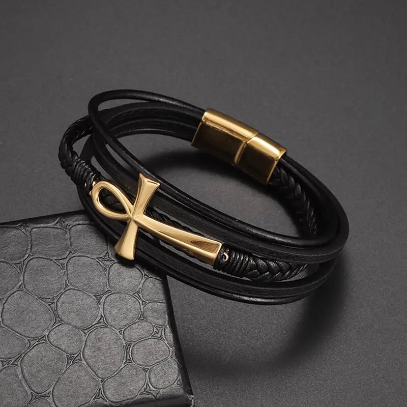 Pulsera de Cuero Trenzado Egipcio Cruz de Ankh o