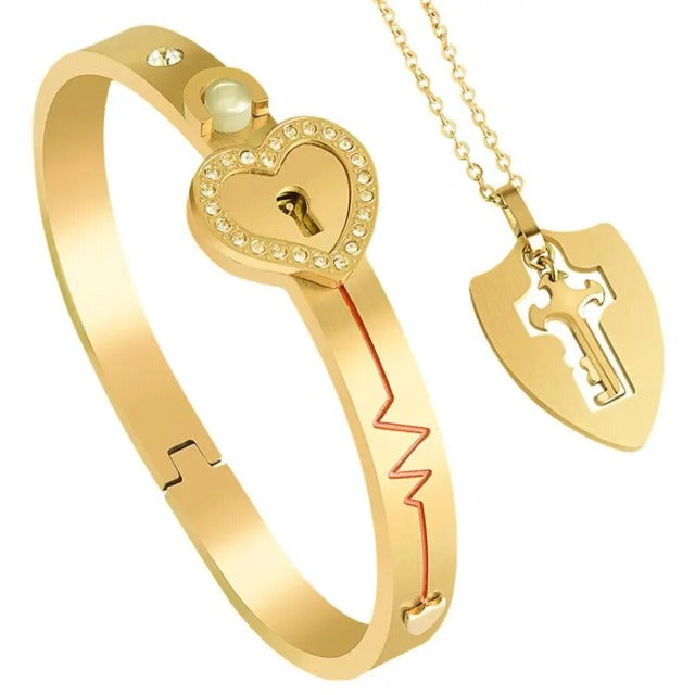 Pulsera y Collar Llave Corazón para Pareja en oro