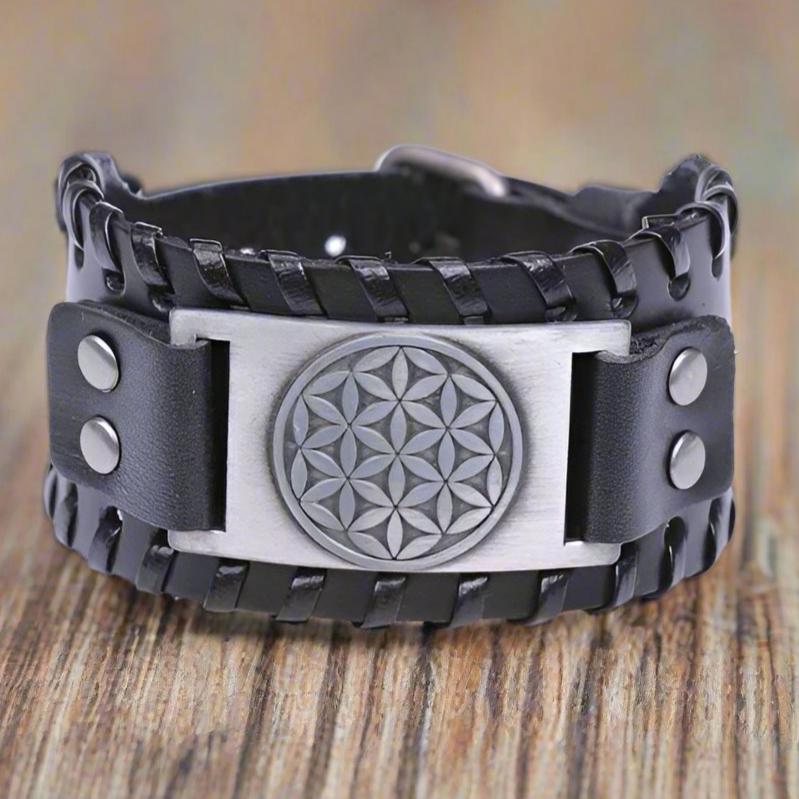 Pulsera Flor de la Vida en Cuero para Hombre negro