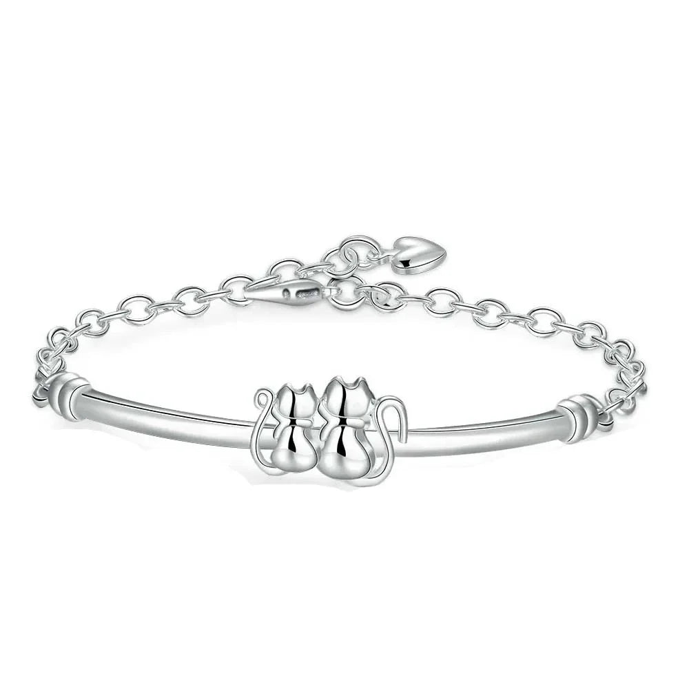 Pulsera Gourmette Doble de Plata con Gato