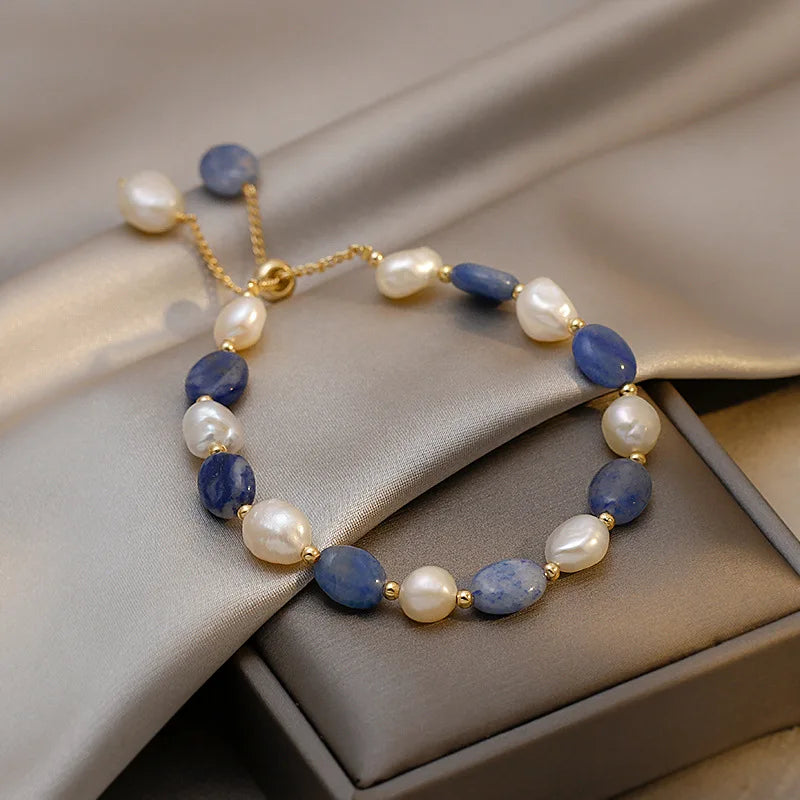 Pulsera Gourmette con Perlas Naturales Azules y Blancas