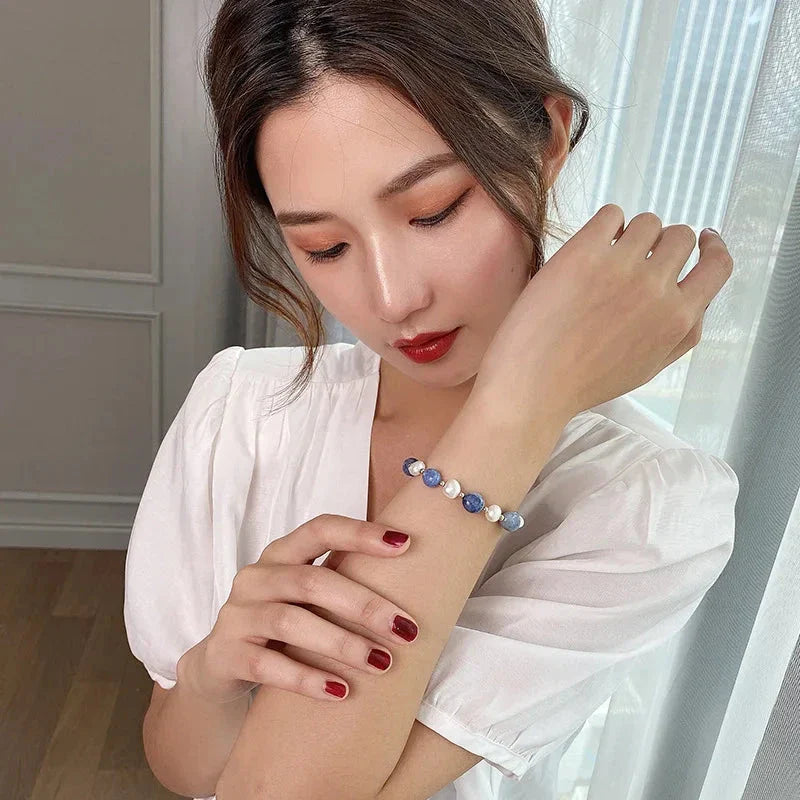 Pulsera Gourmette con Perlas Naturales Azules y Blancas