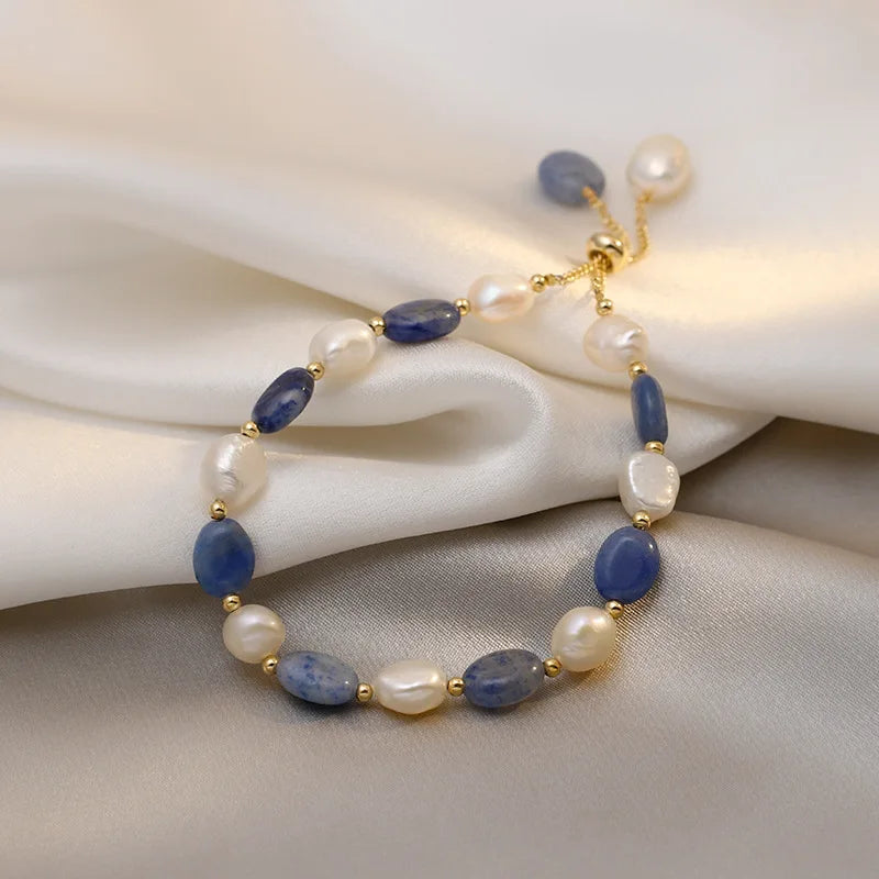 Pulsera Gourmette con Perlas Naturales Azules y Blancas