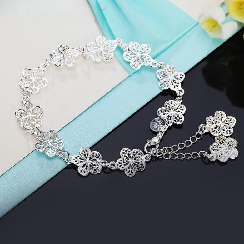 Pulsera Gourmette Flores 5 Pétalos Plateados