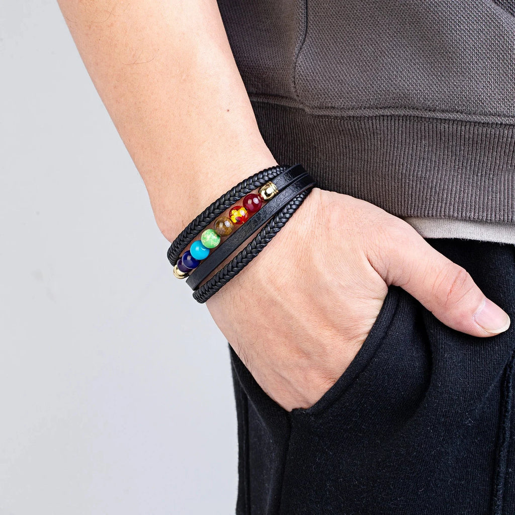 Pulsera de Cuero para Hombre 7 Chakras