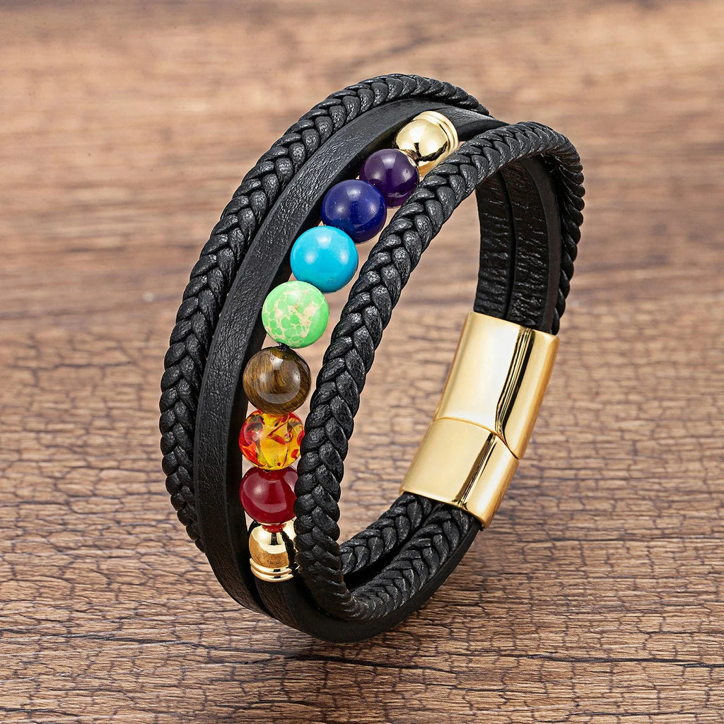 Pulsera de Cuero para Hombre 7 Chakras dorada