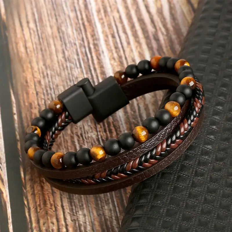 Pulsera de Cuero Ojo de Tigre Hombre