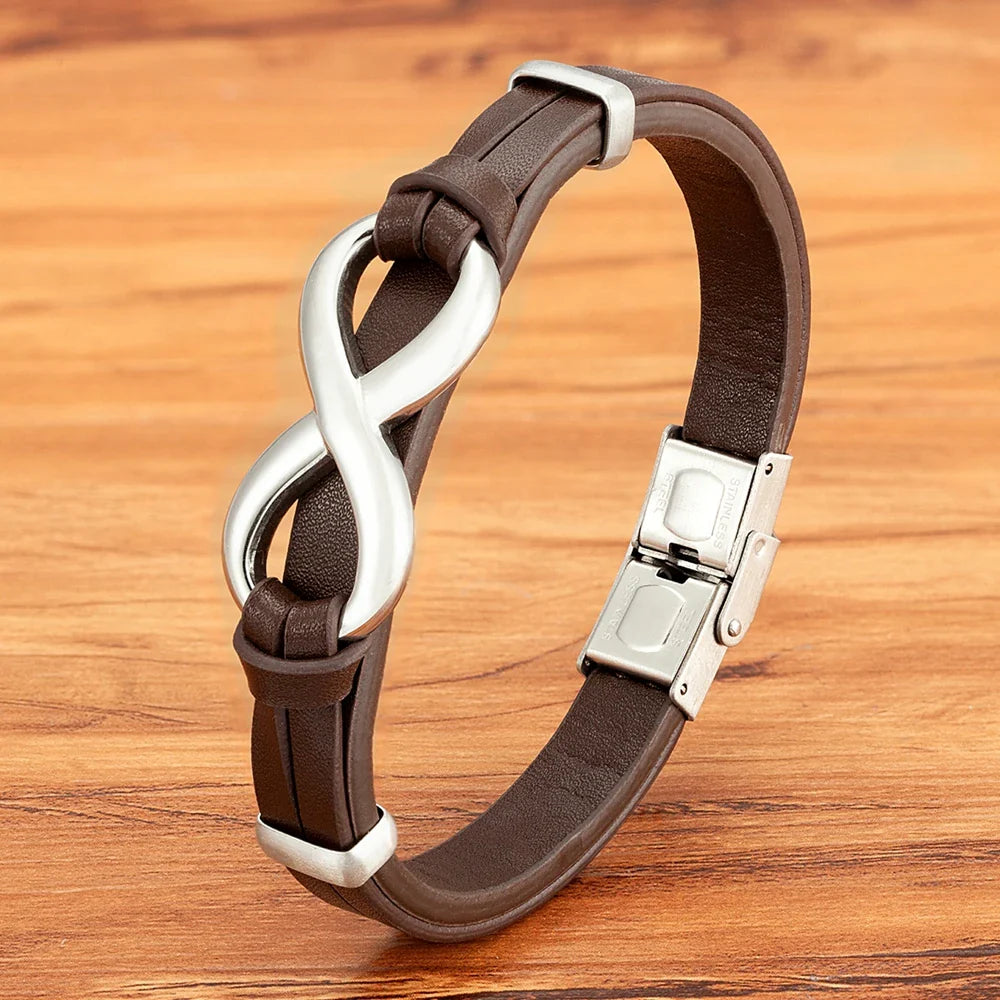 Pulsera Infini de cuero marrón y plata