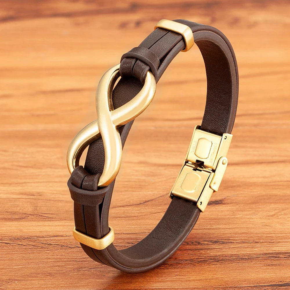 Pulsera Infini de cuero marrón y oro