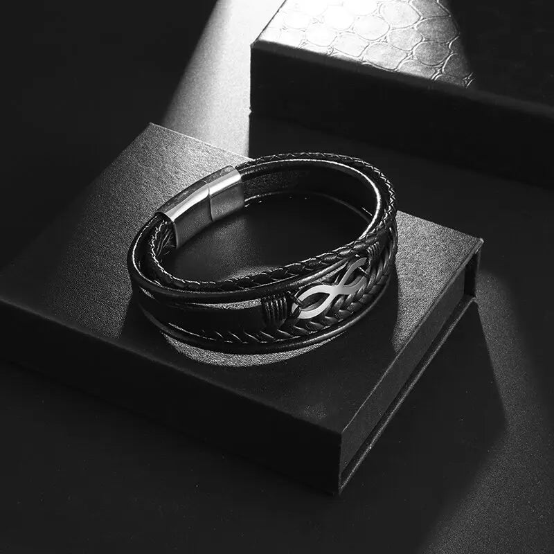 Pulsera Infini Cuero negro negro y plata