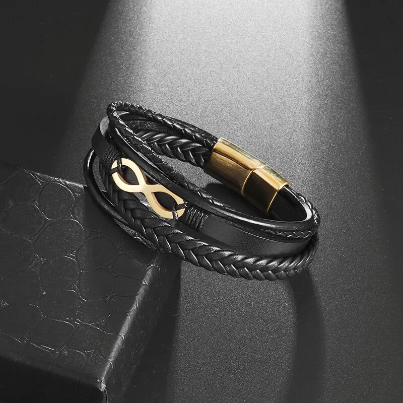 Pulsera Infini Cuero negro negro y oro