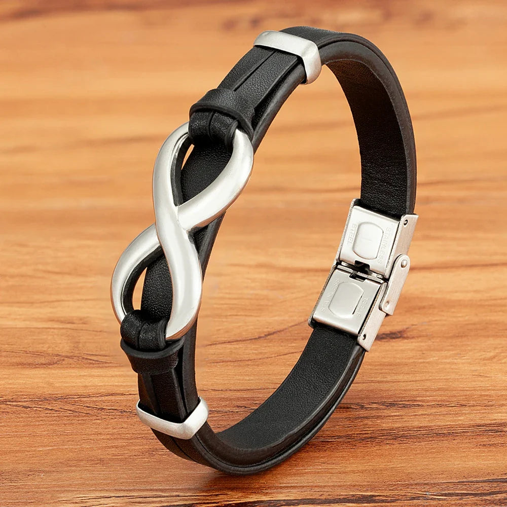 Pulsera Infini de cuero negro y plata