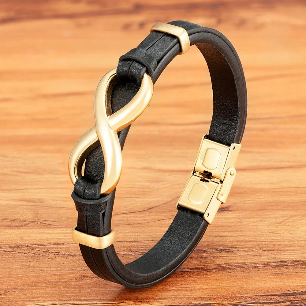 Pulsera Infini de cuero negro y oro