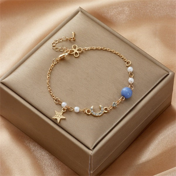 Pulsera Luna y Estrella Mujer Pulsera de eslabones Astros azul