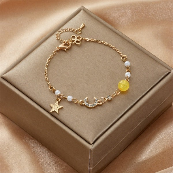 Pulsera Luna y Estrella Mujer Pulsera de eslabones Astros amarillo