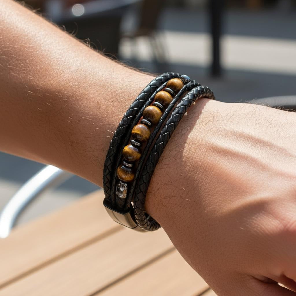 Pulsera de Cuero con Piedras Ojo de Tigre