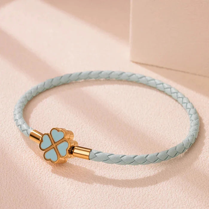 Pulsera Trenzada de Cuero con Trébol de 4 Hojas azul