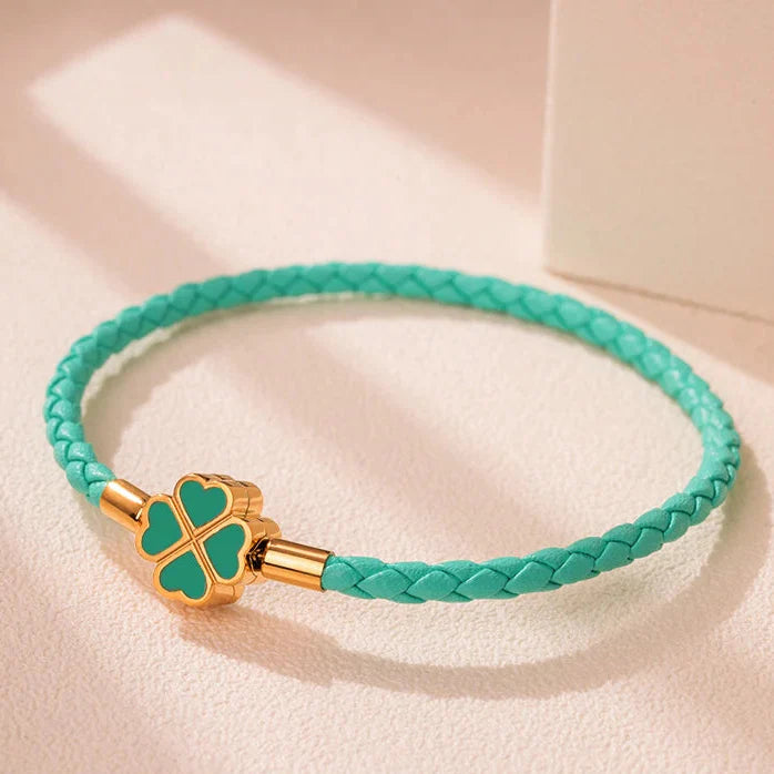 Pulsera Trenzada de Cuero con Trébol de 4 Hojas azul verdoso