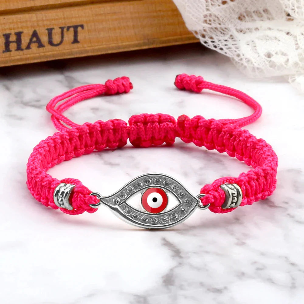 Pulsera Trenzada Zirconio Mal de Ojo Turco rosa plata