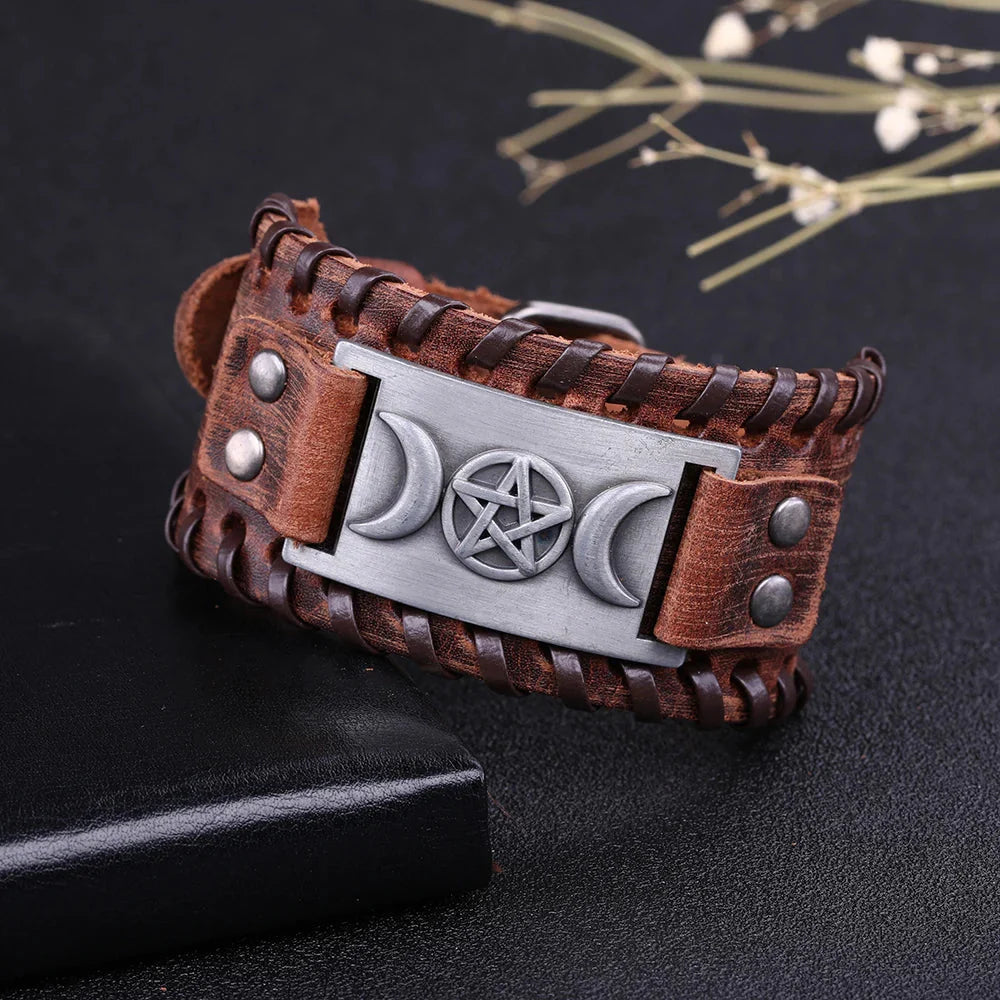 Pulsera Triple Luna en Cuero Brujería Wicca 9